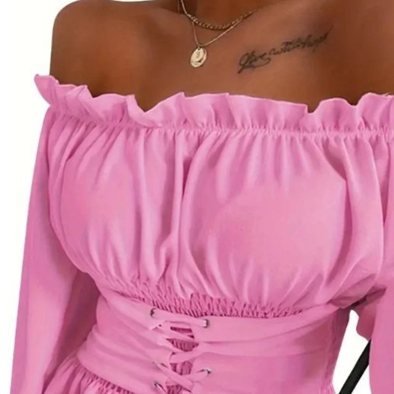 New Fashionable Hot Selling Plus Size Women's Top Solid Color Strap Waist Ruffle Edge Off Shoulder Lantern Sleeve Shirt