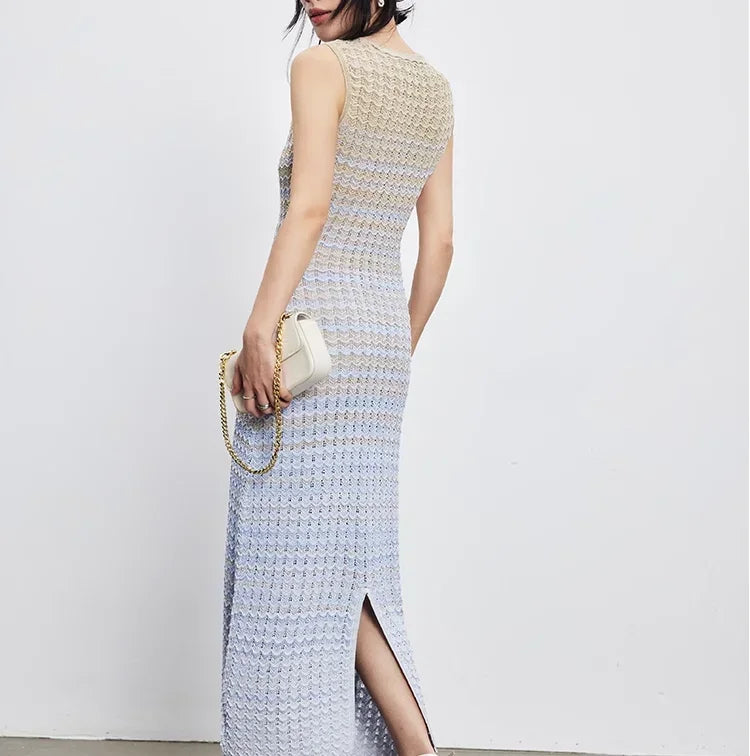 2024 Knitted Long Dress Women's New Round Neck Slim Fit Gradient Elegant Women's Maxi Dress