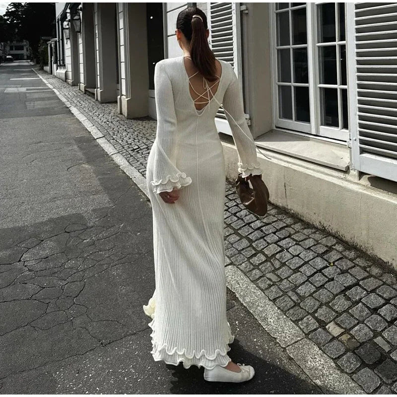 Women Elegant Ruffle Hem Knit White Long Dress O-neck Flare Long Sleeve Backless Bandage Dresses 2024 New Evening Party Robes