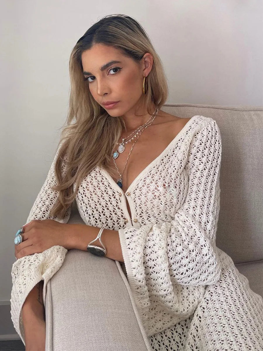 Sexy Women White Long Knit Sleeve Bikin Fashion Cover up Female See-Through Deep V-Neck Hollow-Out Beach Knitwear Backless Dress