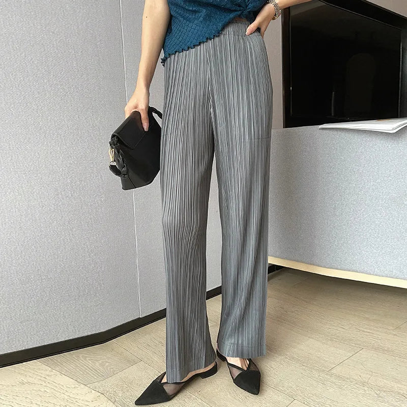 Miyake Pleats Classic Solid Color Simple Drape Straight-leg Pants Women 2023 Summer High Elastic Waist All-matched Pants