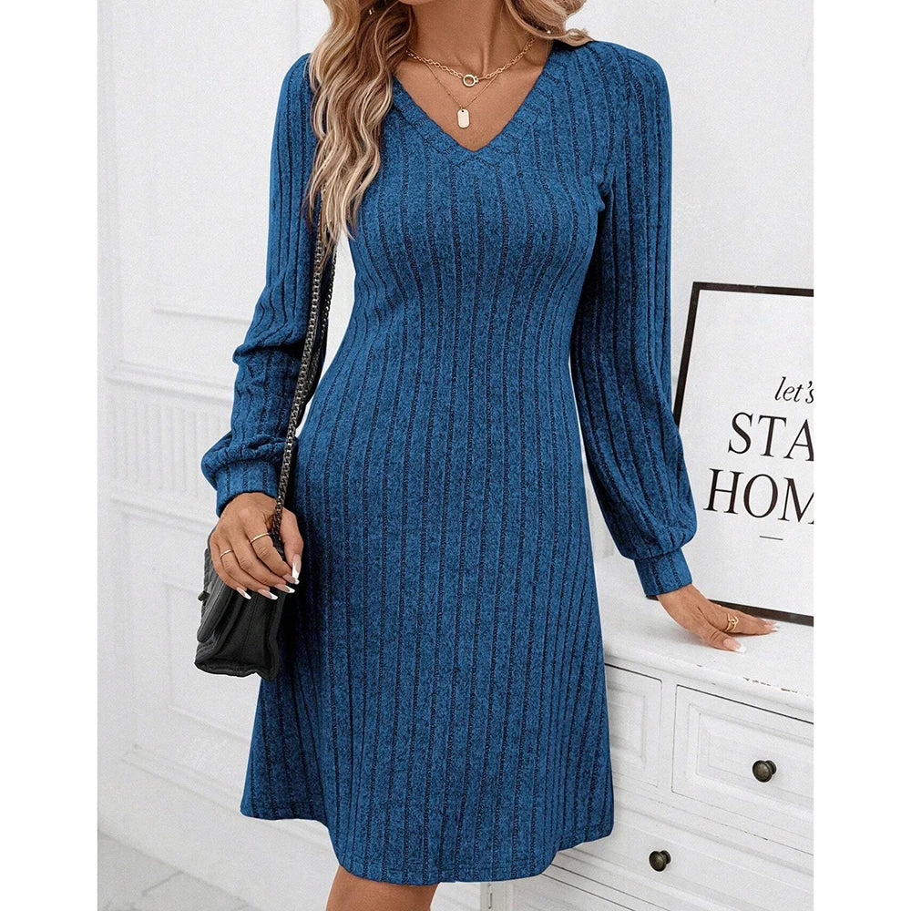 Mia Muse Women's Dresses Autumn Winter Korean Solid Color Long Sleeve V-Neck Casual Party Vacation Shift Mini Going Out Dresses