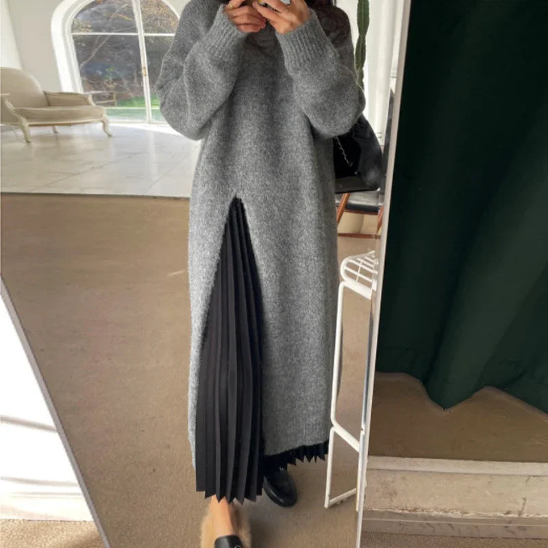 Winter Women Knitted Dress y2k V Neck Sexy Slim Elastic Loose Basic Bodycon Sweater Dress Winter knit Autumn Warm Long Dress