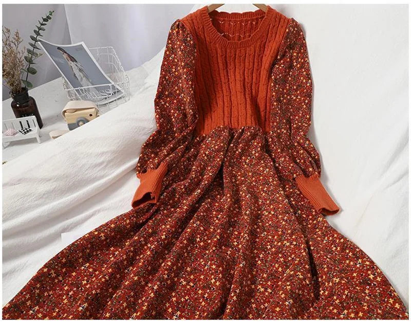 2023 Autumn Winter New Korean Version of Age-reducing Splicing Strap Slimming Knitted Long Dress Fashion Corduroy Floral Dress