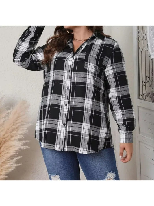 Women's New Fashionable Temperament Plus Size Women's Button Plaid Long Sleeved Top