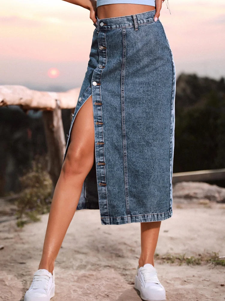 Benuynffy Sexy Streetwear Button Women Skirt Autumn Winter Elegant Denim Skirt Female High Waist Casual Bodycon Long Skirts