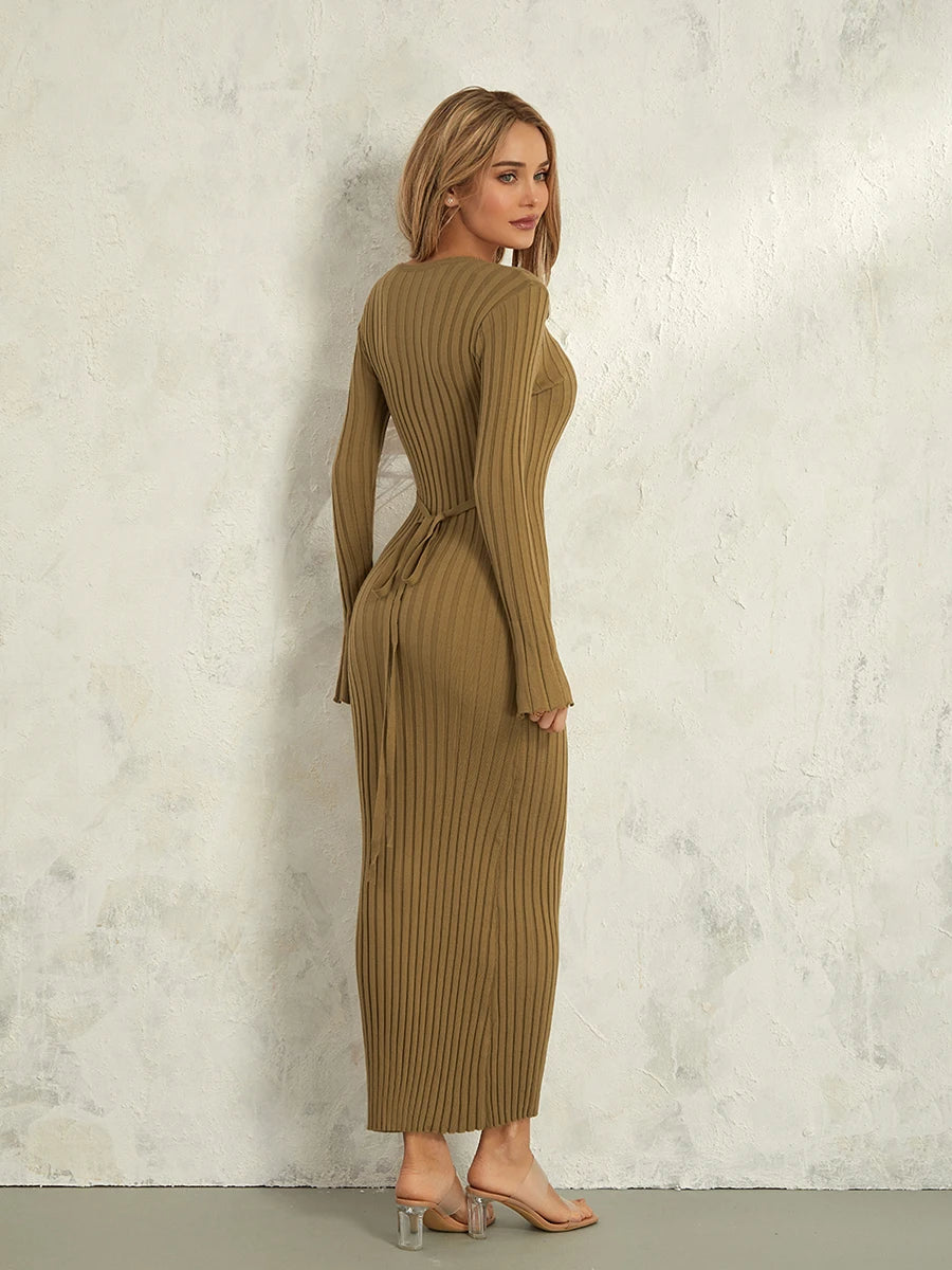 Women Spring Autumn Lace-up Knit Dress Elegant Long Sleeve Crew Neck Ribbed Solid Color Long Dress Streetwear