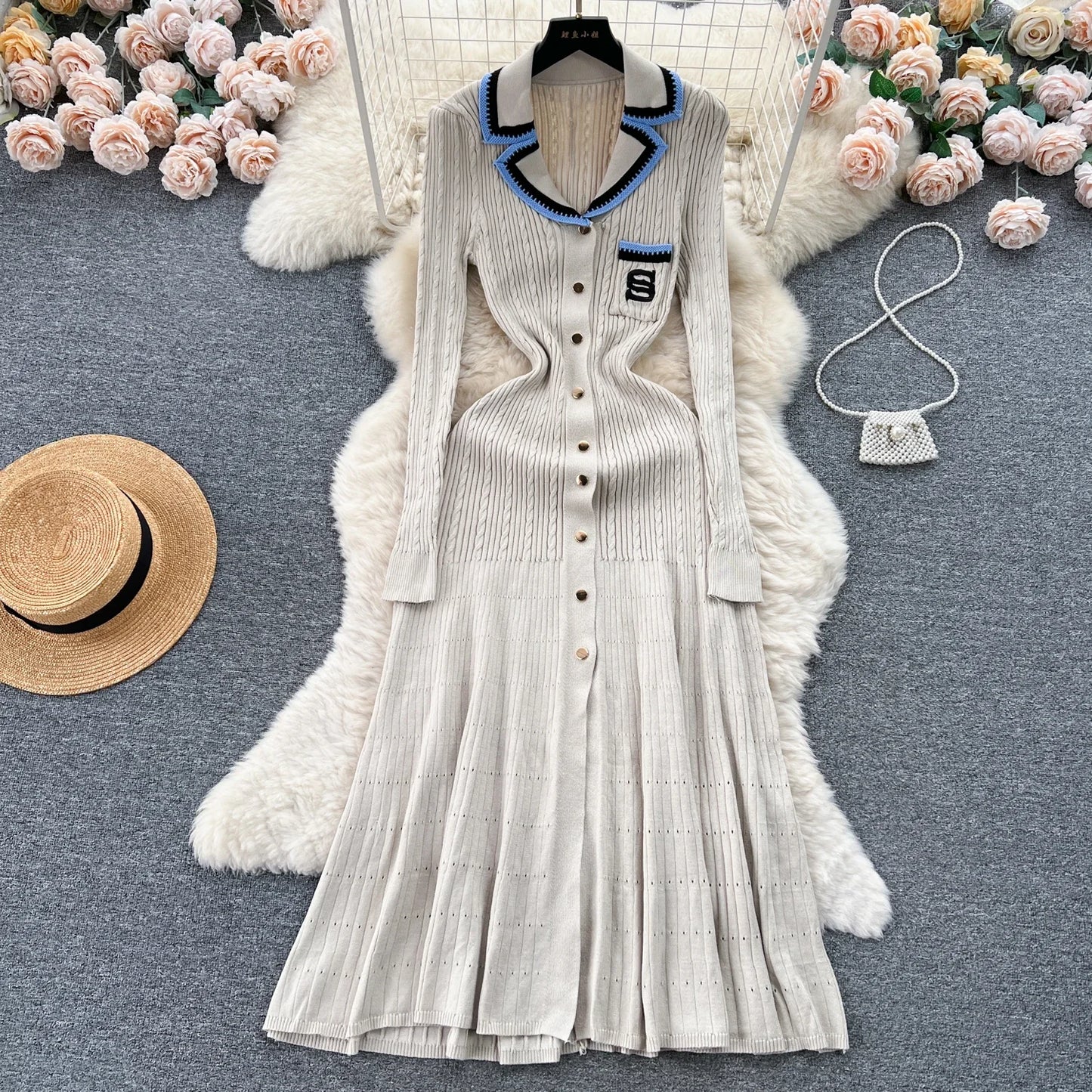 Women Elegant Knitted Dress Spring Autumn Long Sleeve Sexy V-neck Bodyon Dresses Ladies Slim A-line Single Breasted Sweater Robe