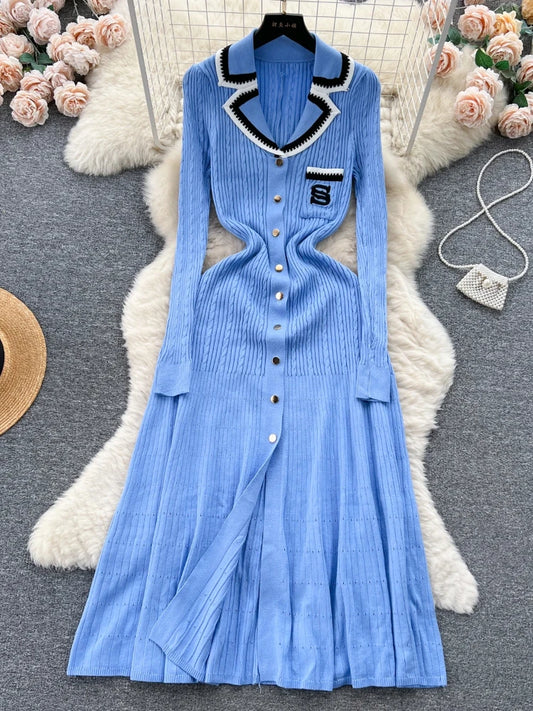 Women Elegant Knitted Dress Spring Autumn Long Sleeve Sexy V-neck Bodyon Dresses Ladies Slim A-line Single Breasted Sweater Robe