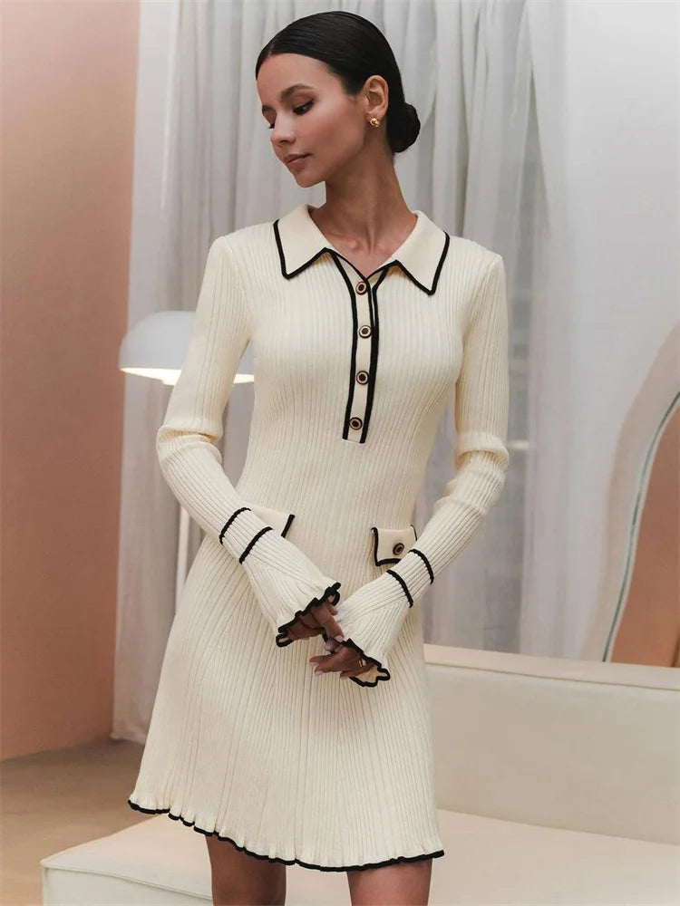 Tossy Ruffled Fashion Knit Dress Women Autumn Ribbed Contrast Long Sleeve High Waist Lapel Gown Dress Knitwear Ladies Maxi Dress