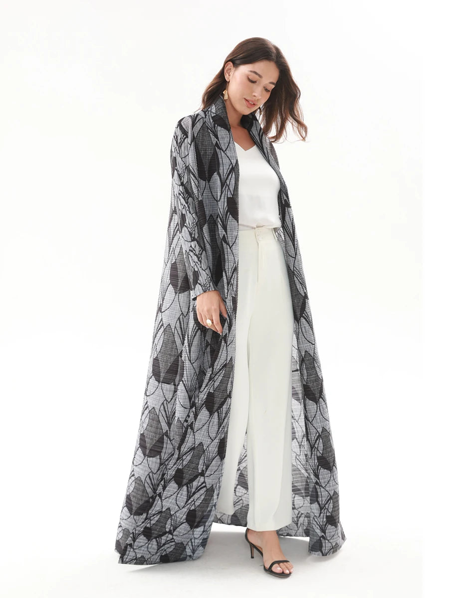 Miyake Pleated Vintage Printed Turn-down Collar Long Sleeve Long Jacket Women Designer Abaya New Dubai Style Plus Size Coats