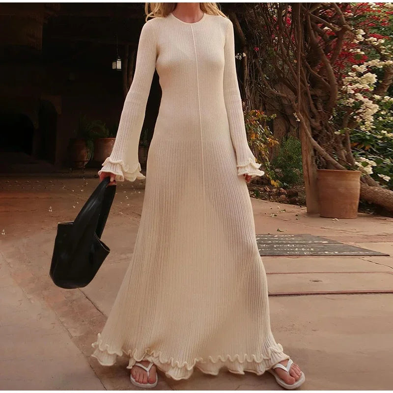 Women Elegant Ruffle Hem Knit White Long Dress O-neck Flare Long Sleeve Backless Bandage Dresses 2024 New Evening Party Robes