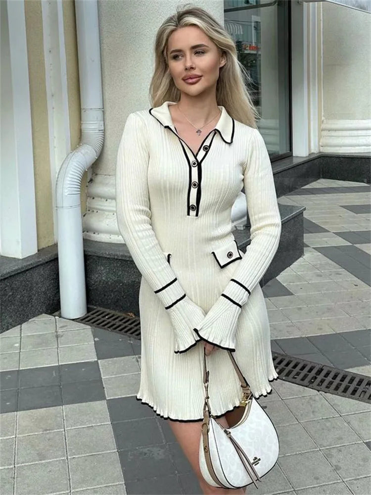 Tossy Ruffled Fashion Knit Dress Women Autumn Ribbed Contrast Long Sleeve High Waist Lapel Gown Dress Knitwear Ladies Maxi Dress