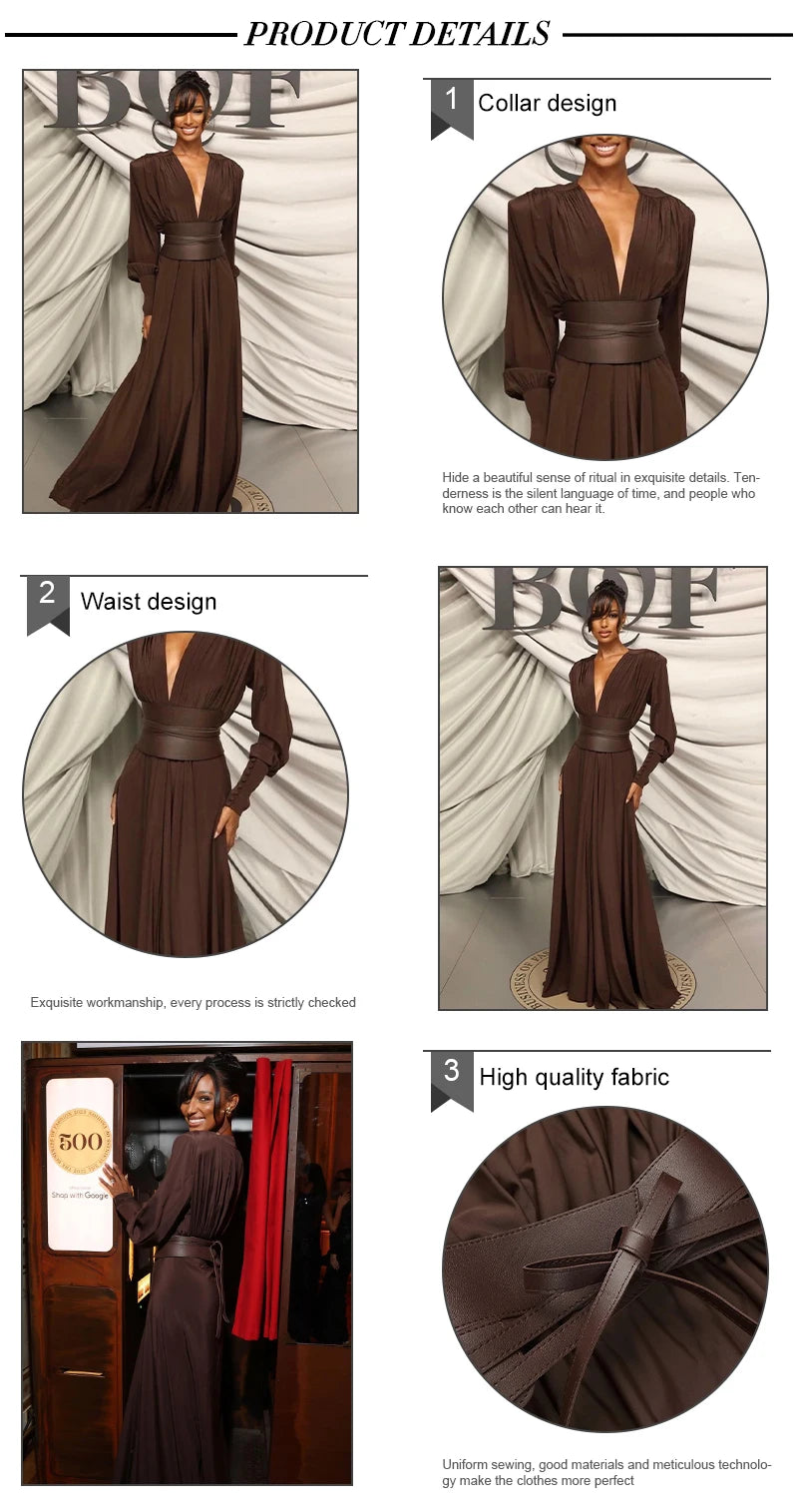 VC 2024 Spring Fashion Dresses For Women Plunging V Neck High Waist Belt Long Sleeves Wedding Party Dress Brown Gowns