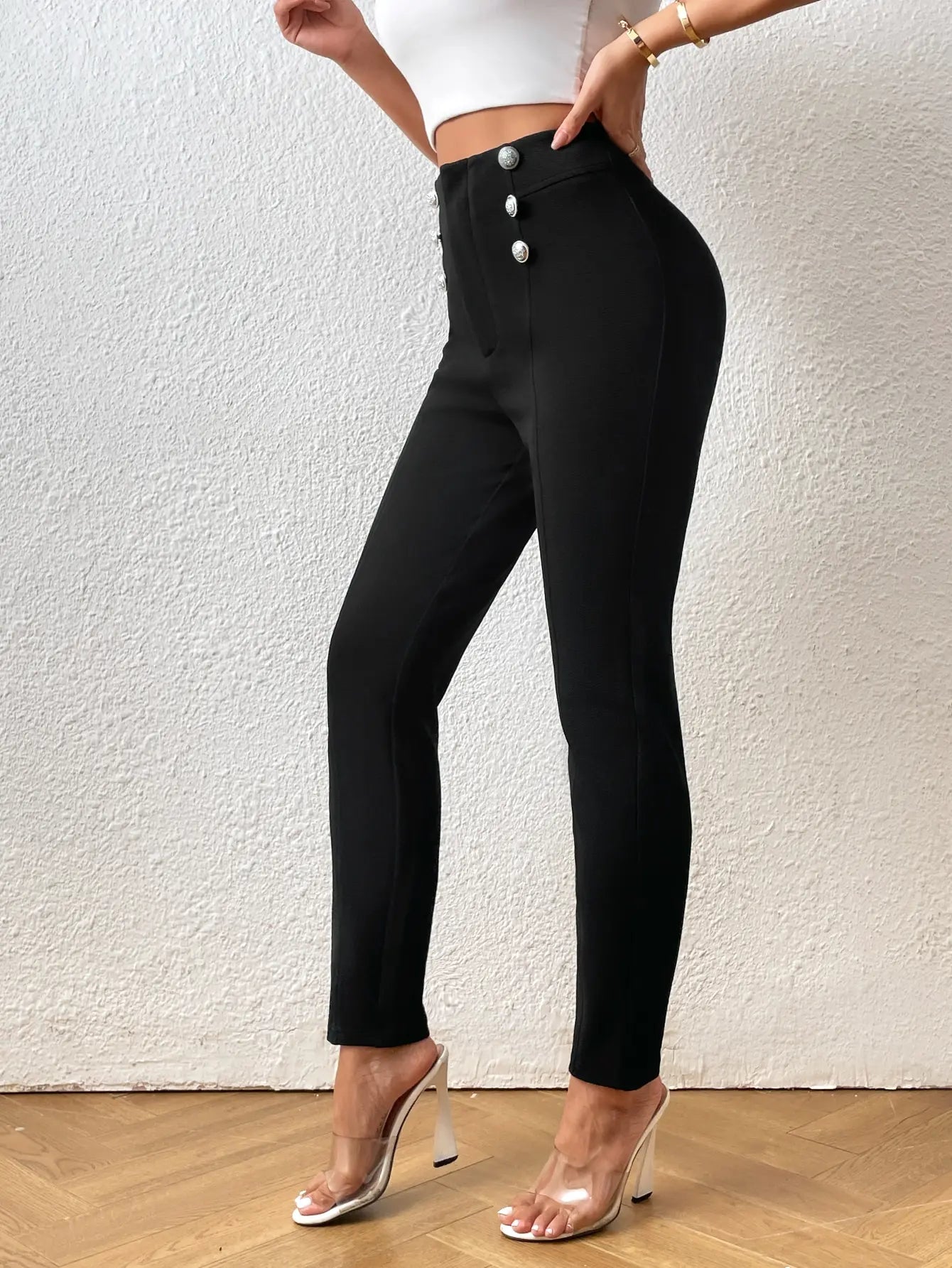 Pants for Women High Waist Button Detail Skinny Pants