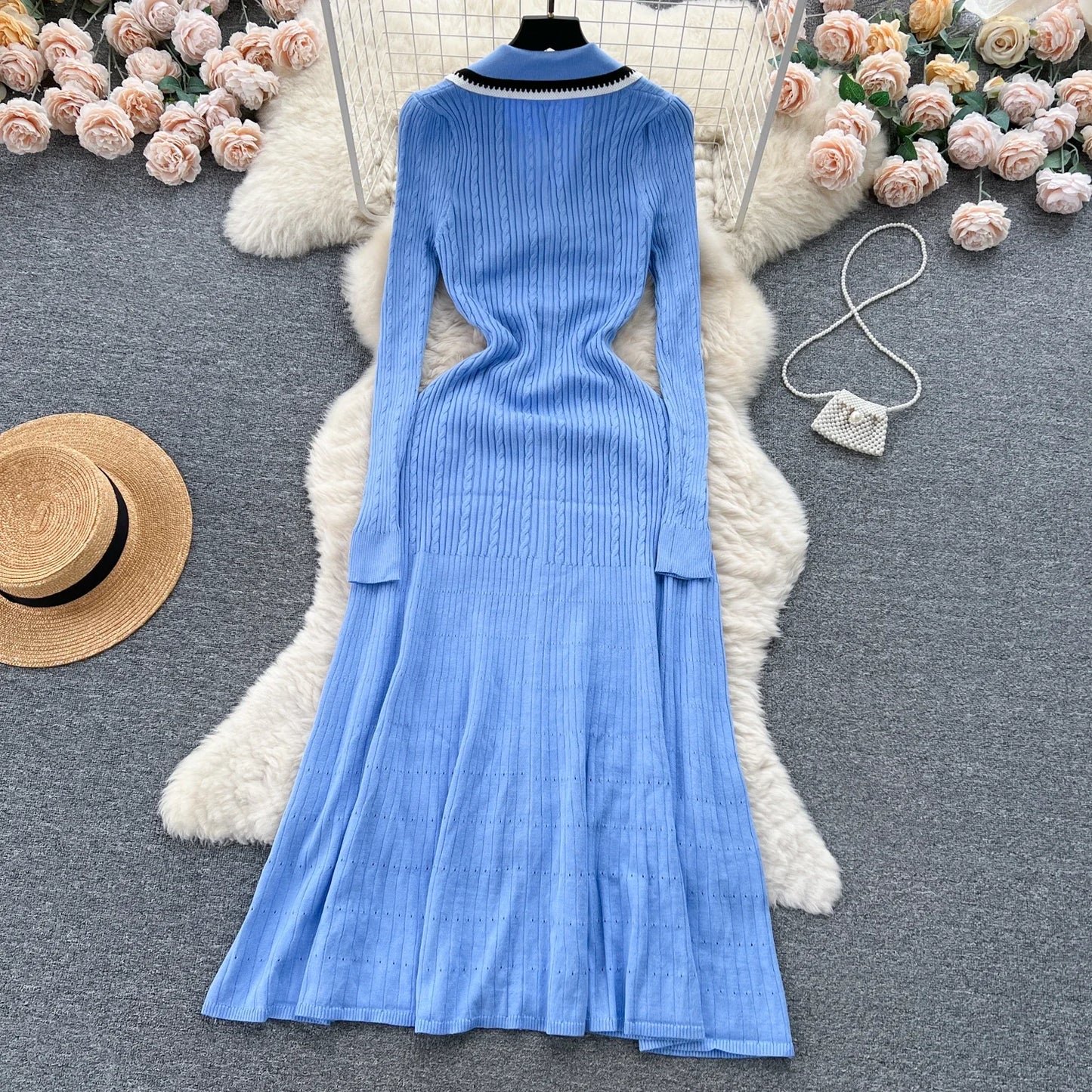 Women Elegant Knitted Dress Spring Autumn Long Sleeve Sexy V-neck Bodyon Dresses Ladies Slim A-line Single Breasted Sweater Robe