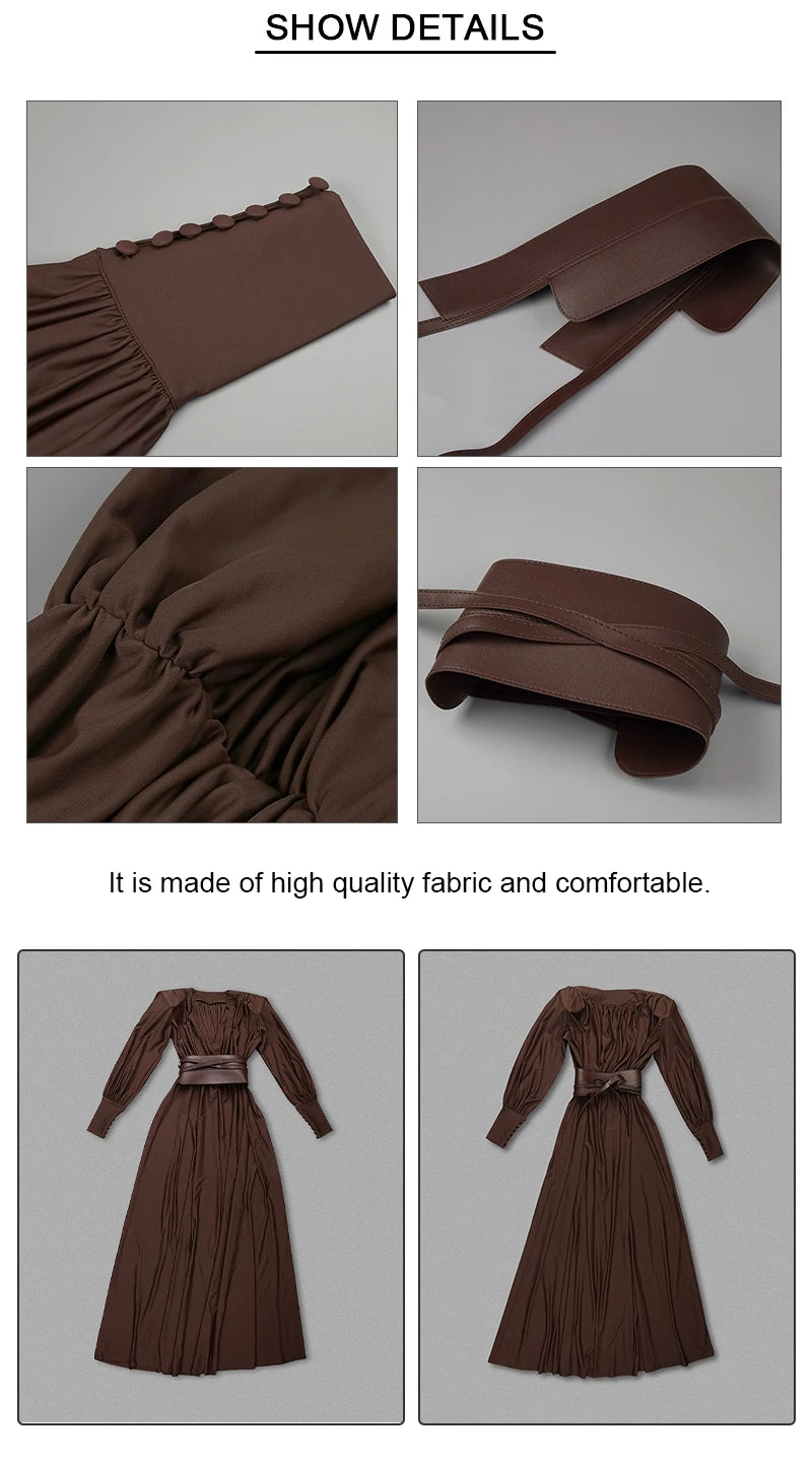 VC 2024 Spring Fashion Dresses For Women Plunging V Neck High Waist Belt Long Sleeves Wedding Party Dress Brown Gowns