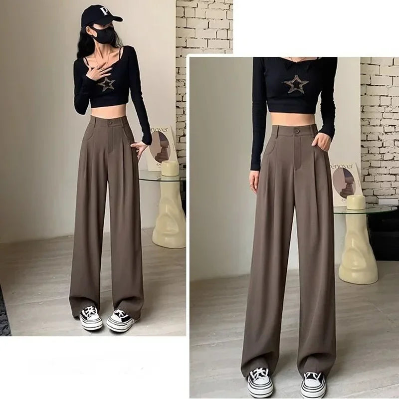 Women Fashion Suit Pants Lady Baggy High Waist Wide Leg Breathable Trousers Lady Straight Leg Slacks Gray Coffee Classic Pants