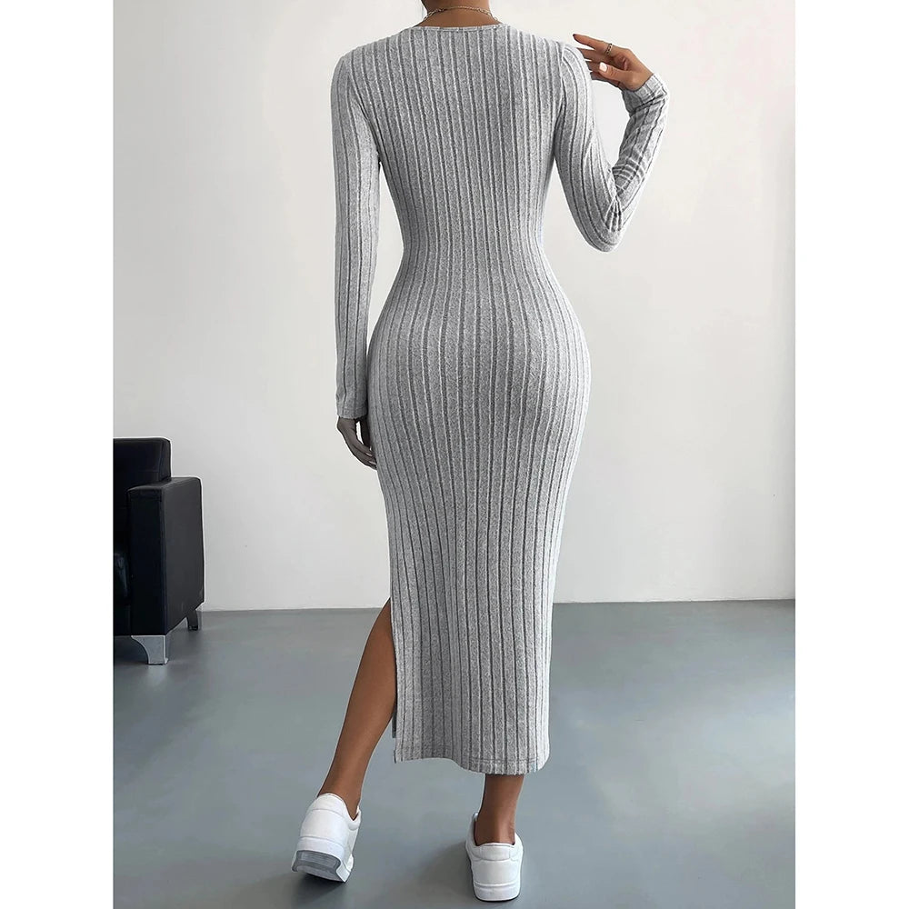 Mia Muse Women's Dresses Autumn French Plain Stripe Split Long Sleeve Scoop Neck Bodycon Full Length Maxi Casual Dresses