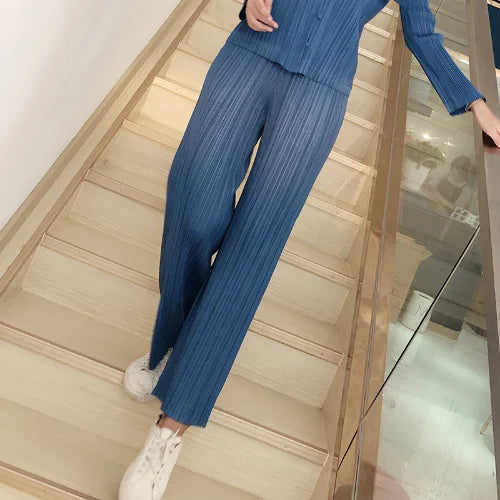 Miyake Pleats Classic Solid Color Simple Drape Straight-leg Pants Women 2023 Summer High Elastic Waist All-matched Pants