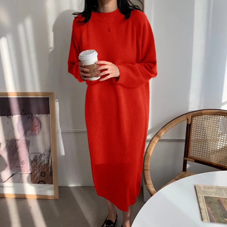 REALEFT Autumn Winter 2023 New O-Neck Casual Loose Knitted Dress Female Straight Long Sleeve Oversize Sweater Womens Long Dress