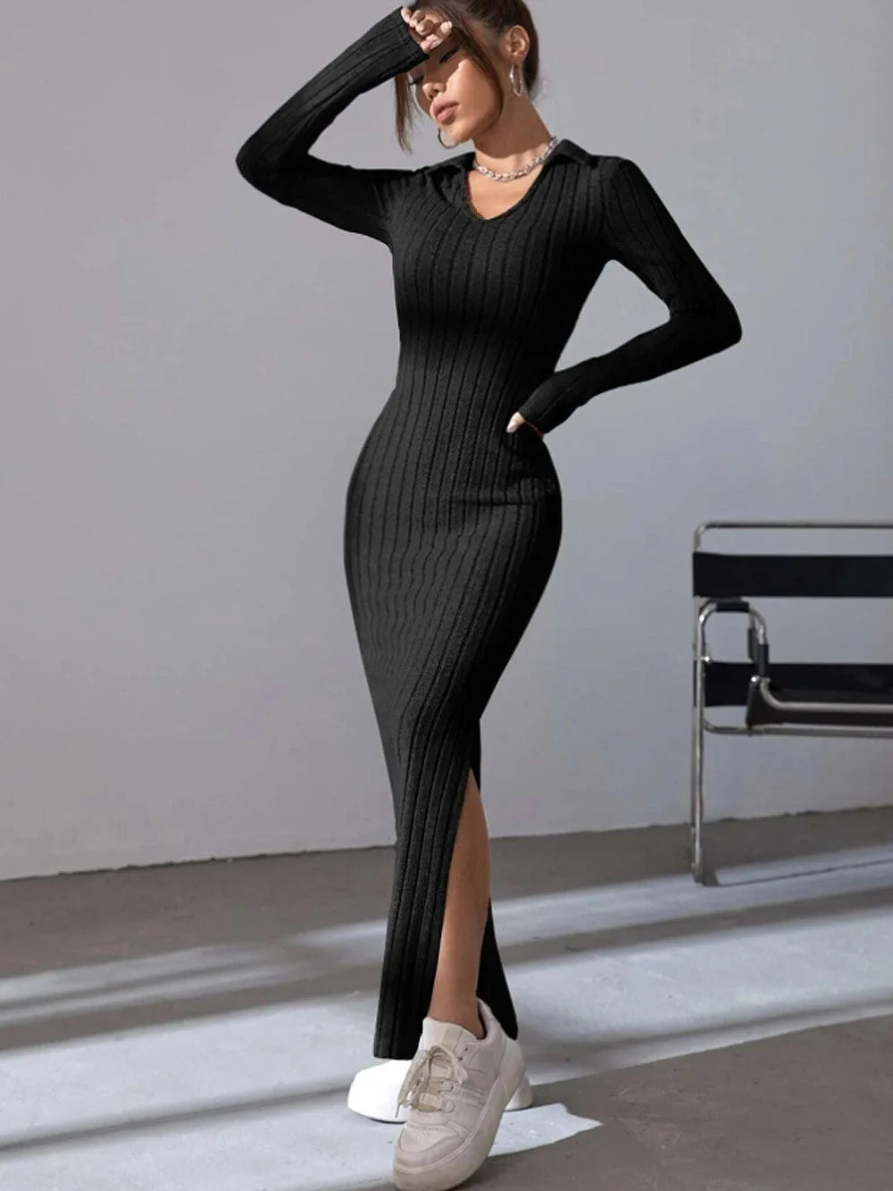 2024 Europe And The United States Autumn And Winter New Knitted Slim-Fit Lapel Long Sleeve Pit Strip Solid Color Tight Dress