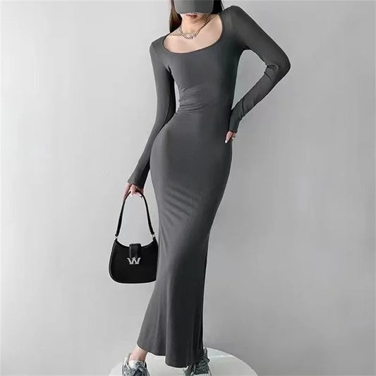 Women Spring Autumn Style Long Sleeve low cut Collar Solid Color Mermaid Sexy Dress