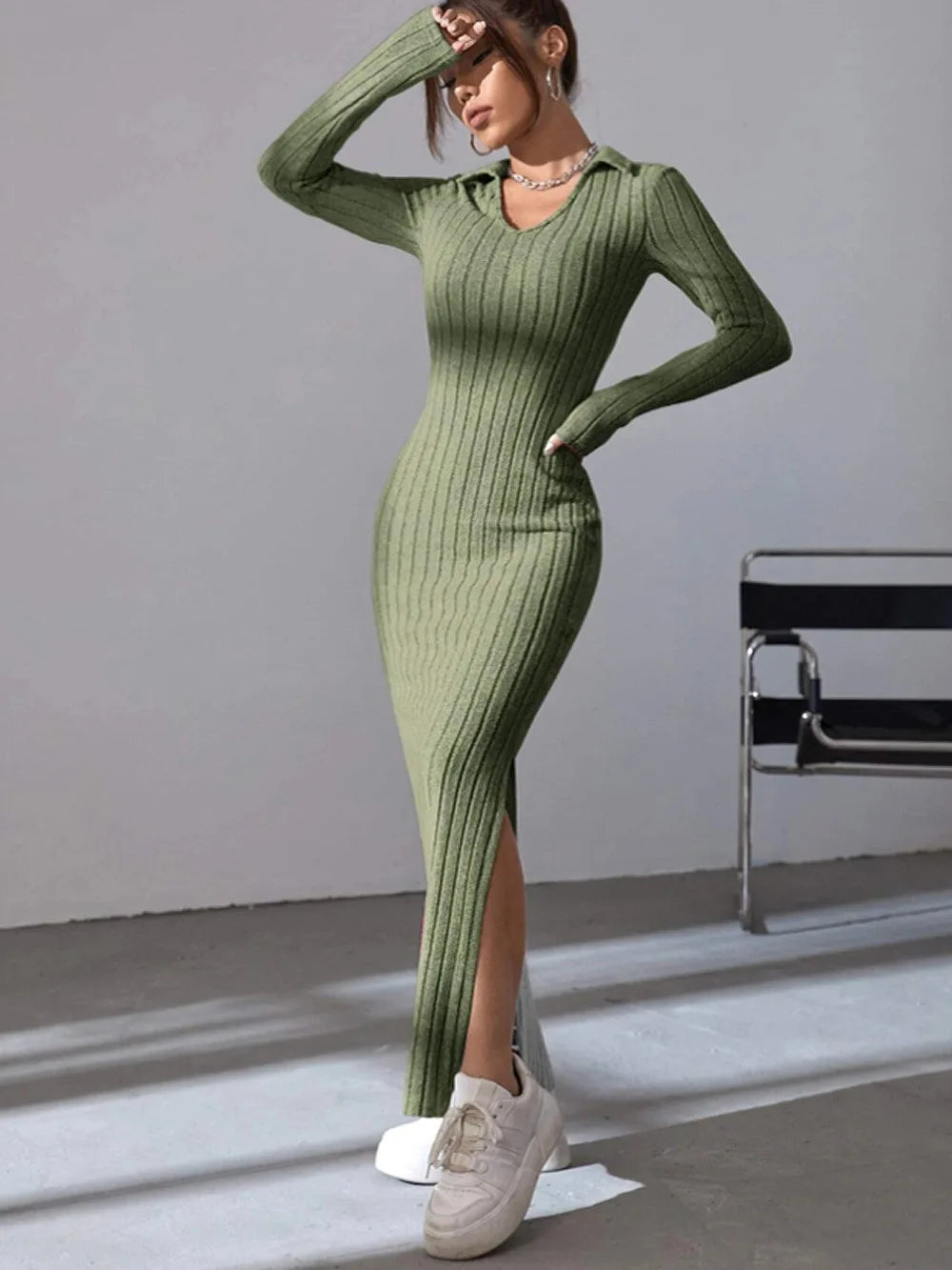 2024 Europe And The United States Autumn And Winter New Knitted Slim-Fit Lapel Long Sleeve Pit Strip Solid Color Tight Dress