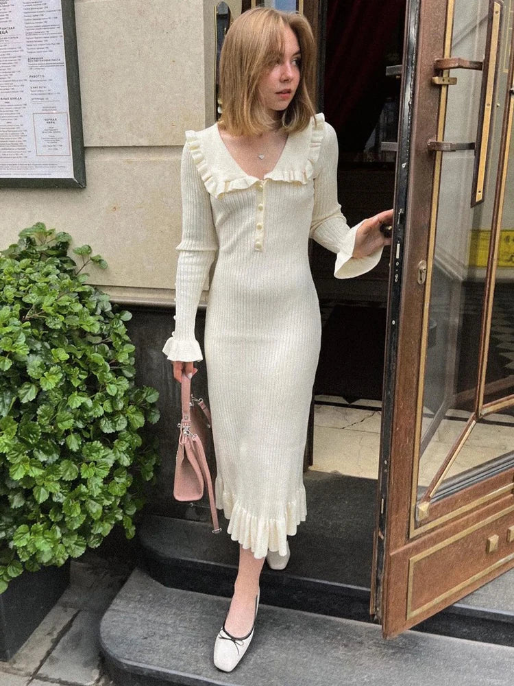 Tossy Ruffled Fashion Knit Dress Women Autumn Ribbed Contrast Long Sleeve High Waist Lapel Gown Dress Knitwear Ladies Maxi Dress