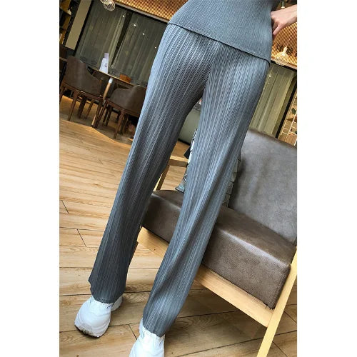 Miyake Pleats Classic Solid Color Simple Drape Straight-leg Pants Women 2023 Summer High Elastic Waist All-matched Pants