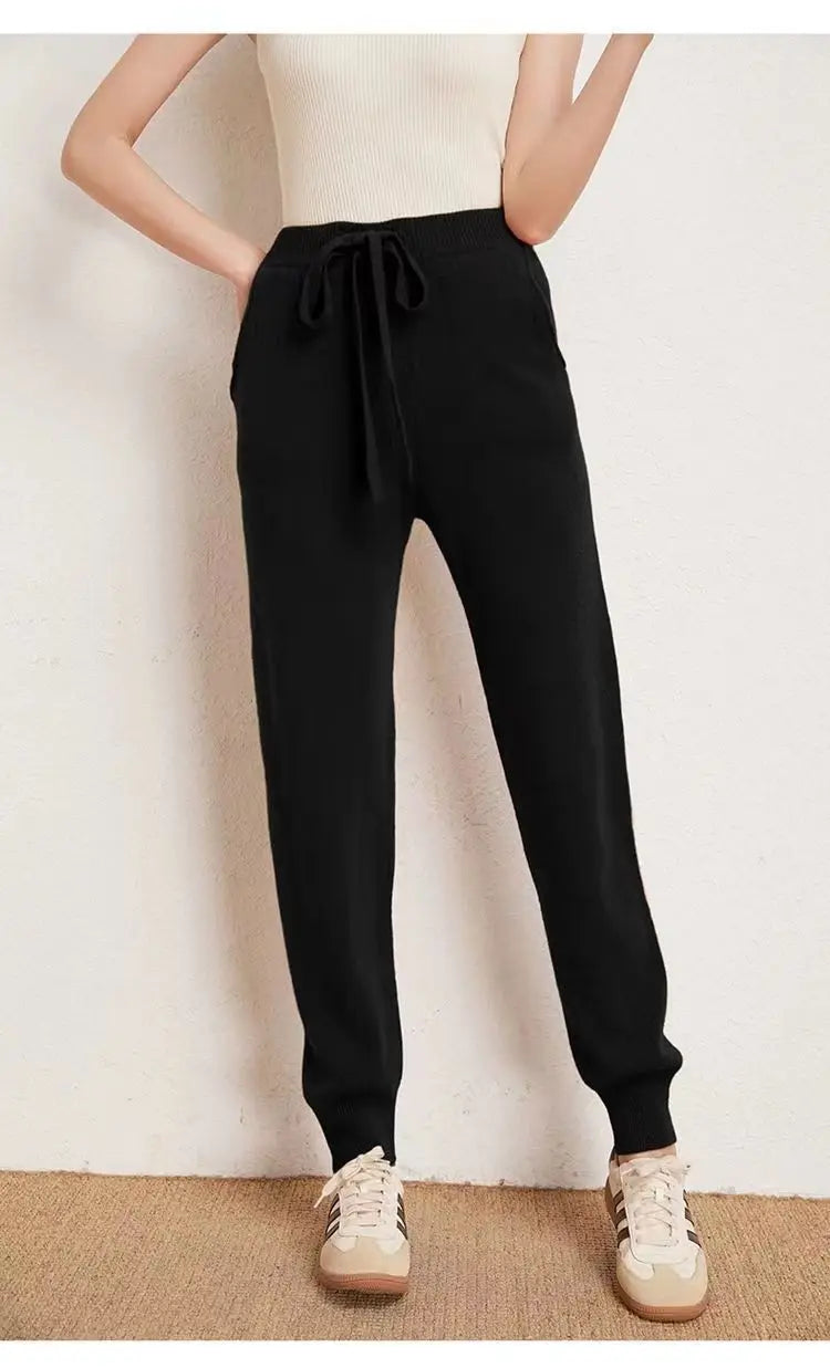 Women's 100% Wool Knitted Trousers, Casual Sports Sweatpants, Korean Version, Small Leg Pants, Female Cashmere Fashion Pants