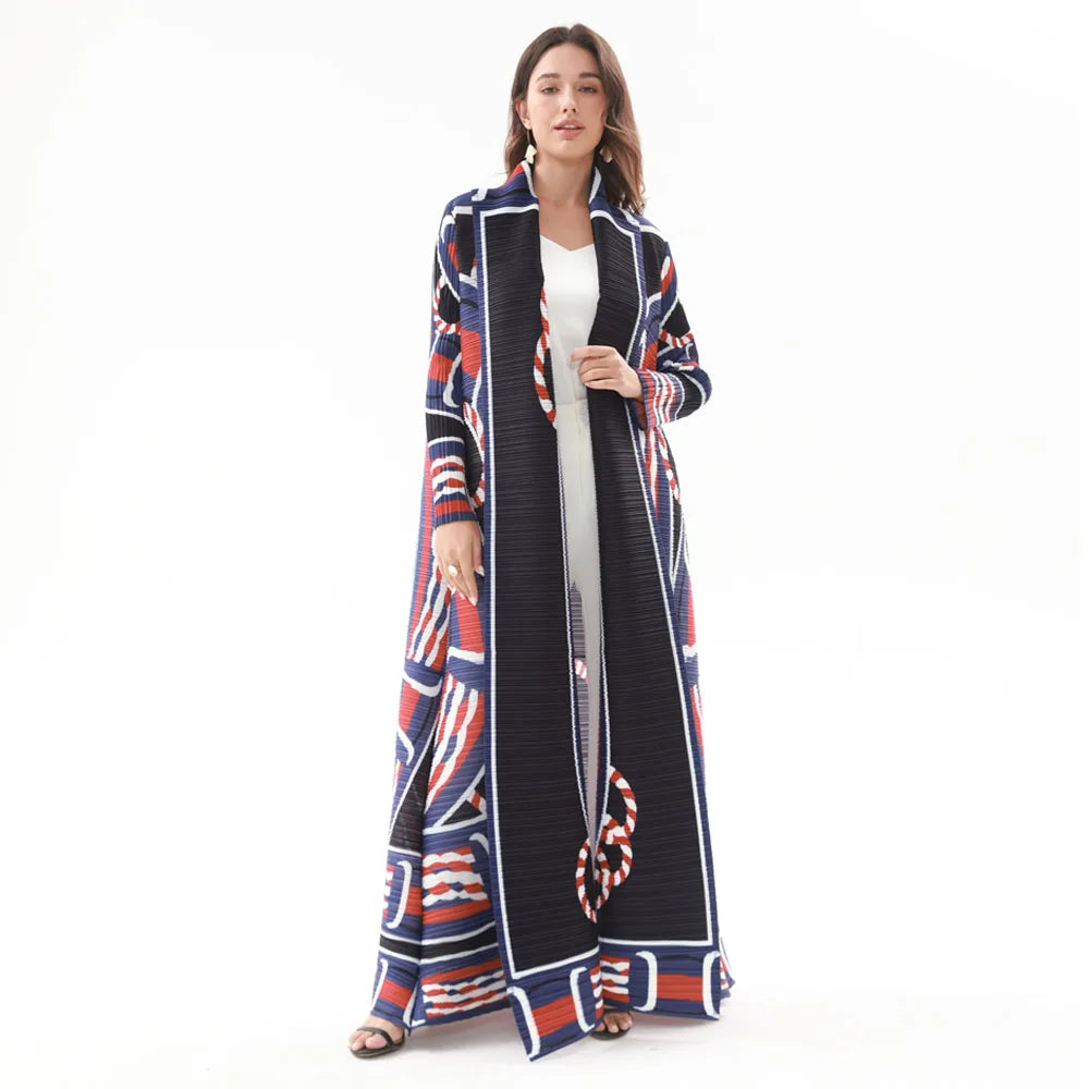 Miyake Pleated Vintage Printed Turn-down Collar Long Sleeve Long Jacket Women Designer Abaya New Dubai Style Plus Size Coats