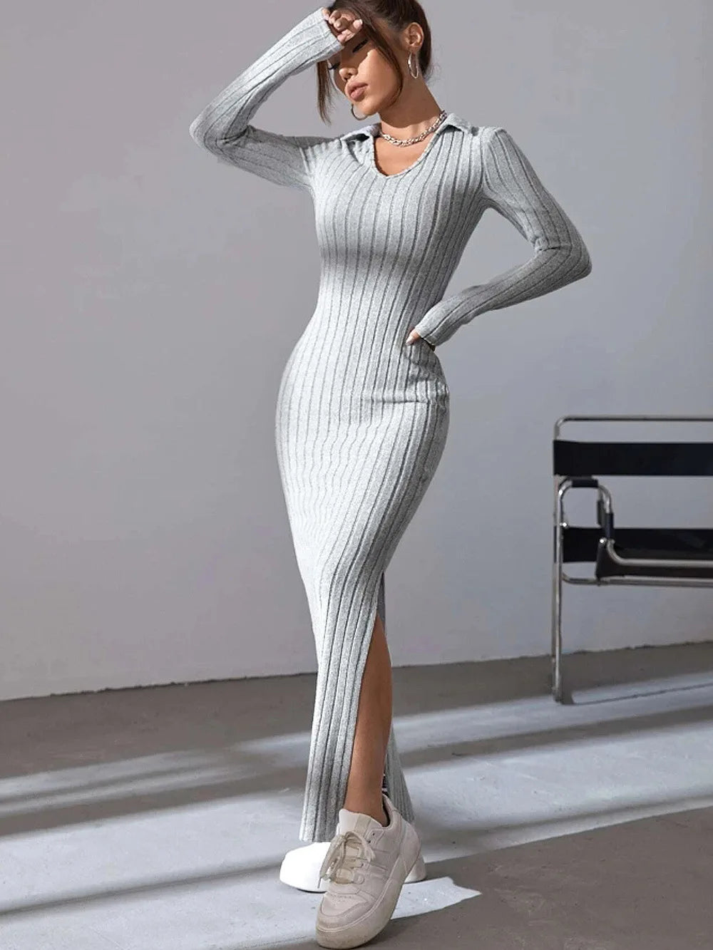 2024 Europe And The United States Autumn And Winter New Knitted Slim-Fit Lapel Long Sleeve Pit Strip Solid Color Tight Dress