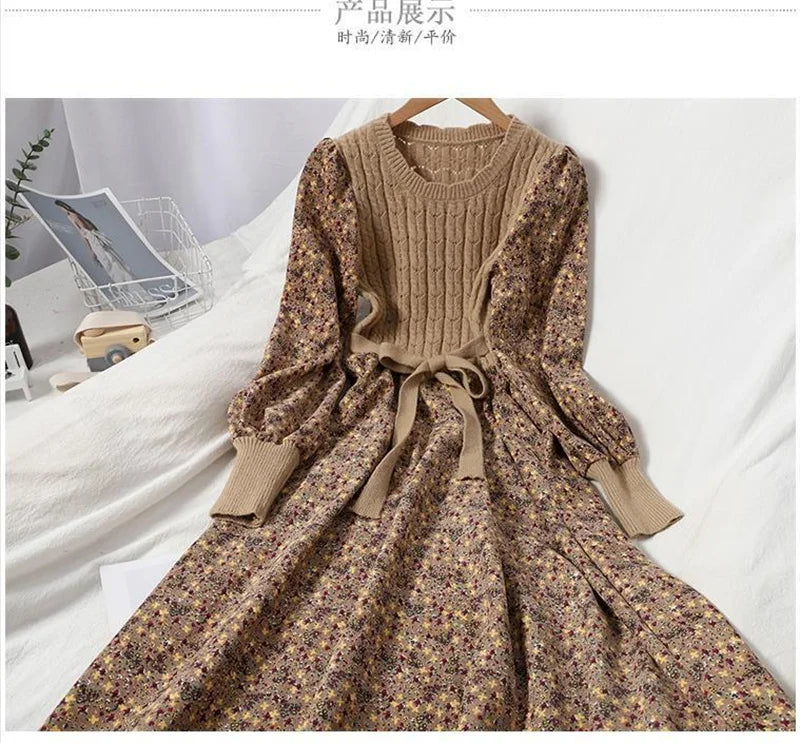 2023 Autumn Winter New Korean Version of Age-reducing Splicing Strap Slimming Knitted Long Dress Fashion Corduroy Floral Dress