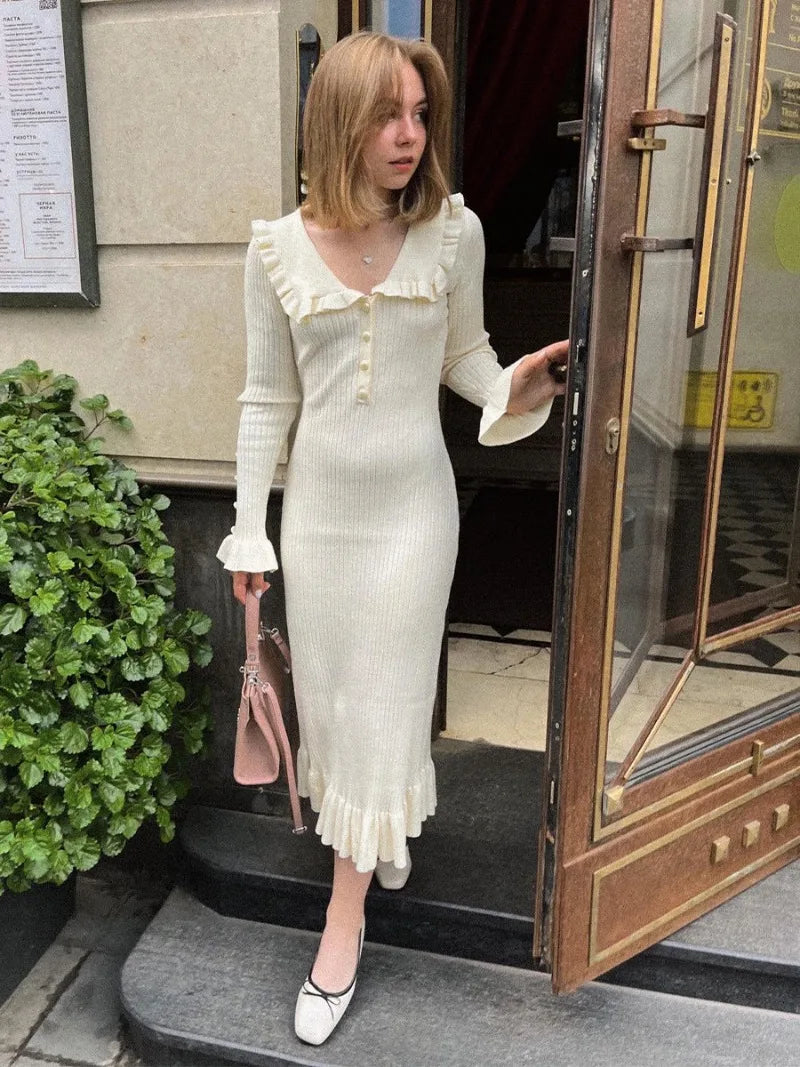 Tossy Ruffled Patchwork Knit Maxi Dress For Women Elegant Ribbed Long Sleeve Party Dress Gown Slim Knitwear Fashion Long Dress