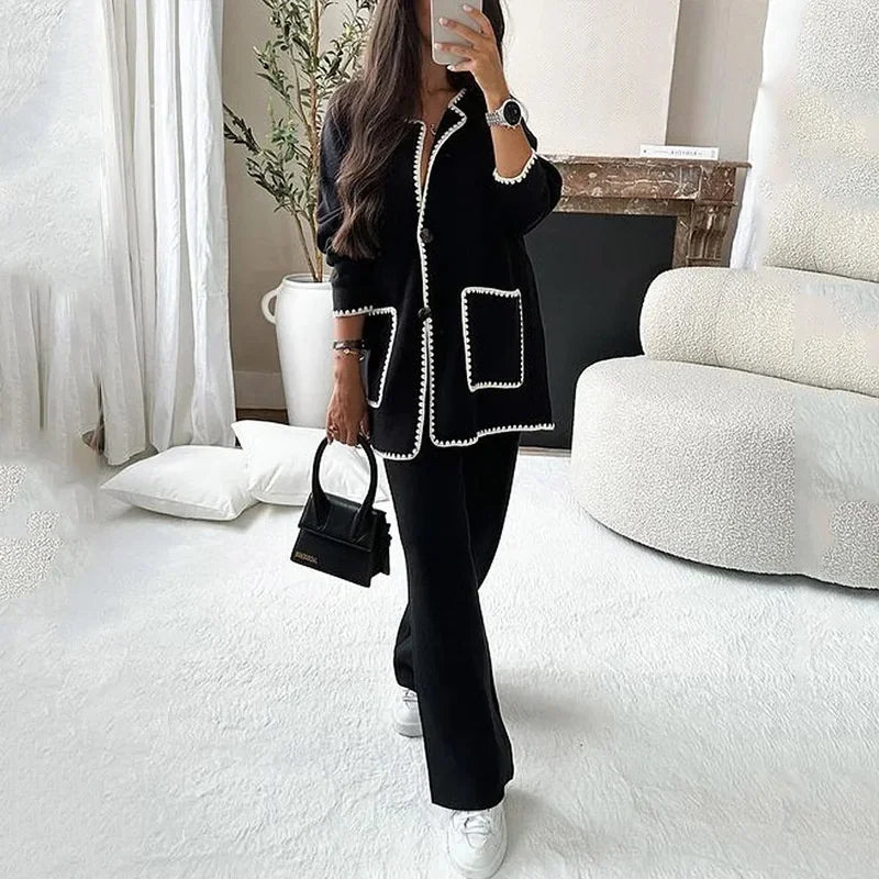 Women Autumn Two-piece Set Double Pocket Single-breasted Cardigan Tops Comfortable Casual Straight Pants New Korean Female Suits