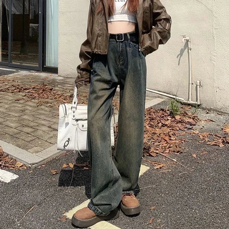 Woman High Waist Fashion Thermal Wide Leg Jeans Female Y2k Clothes Baggy Pants Girl Winter Snow Warm Khaki Coffee Denim Trousers