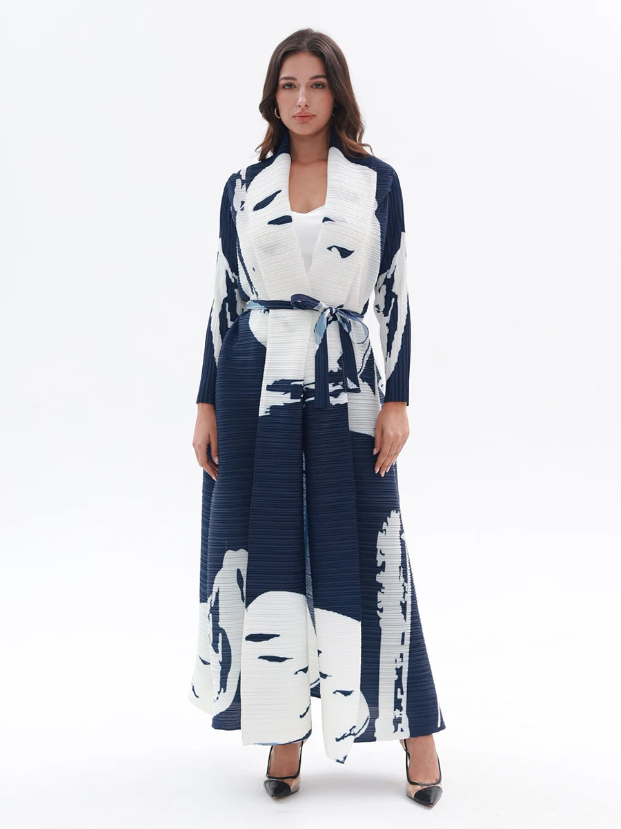 Miyake Pleated Vintage Printed Turn-down Collar Long Sleeve Long Jacket Women Designer Abaya New Dubai Style Plus Size Coats