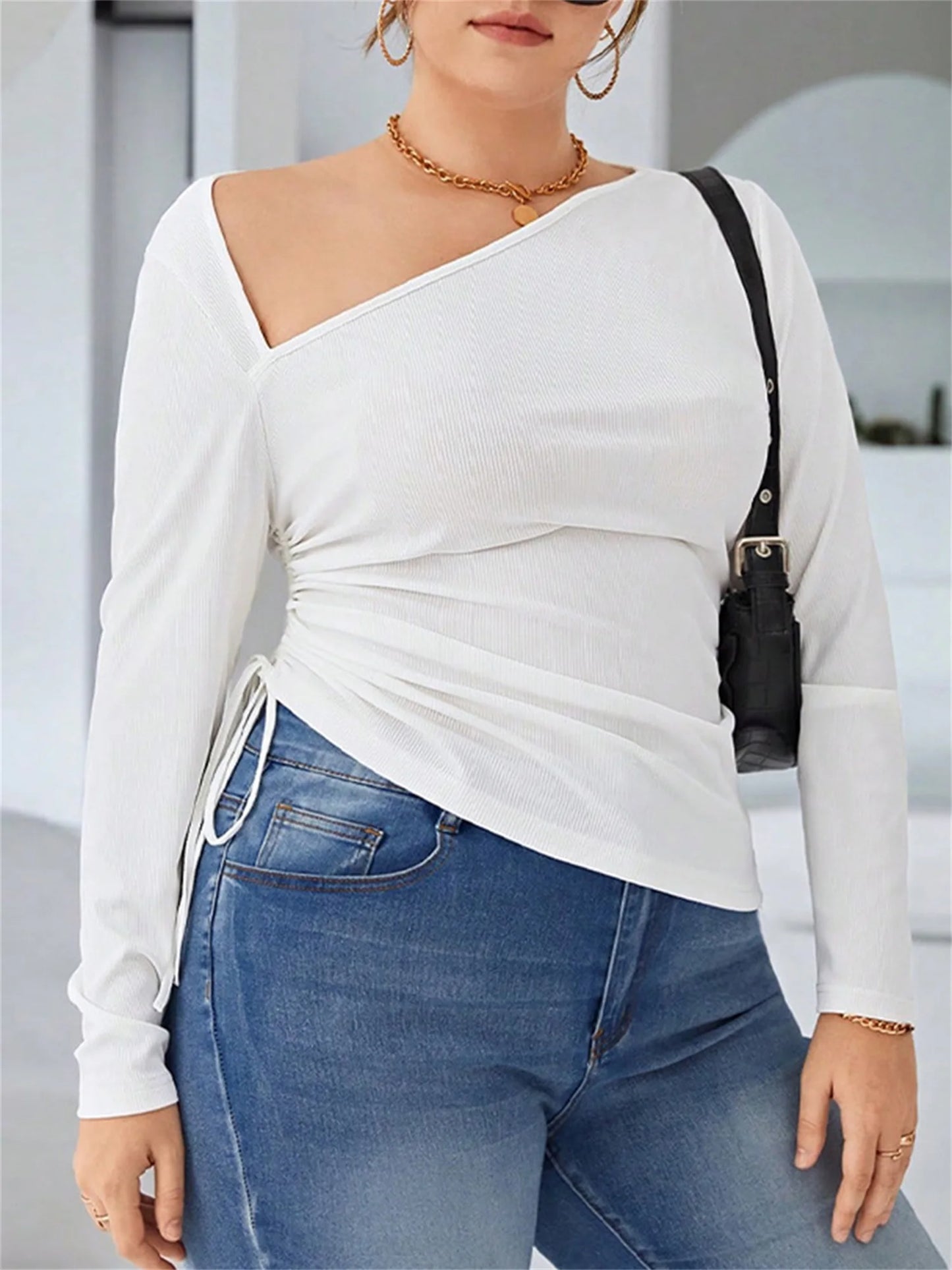 Women s Casual Loose Fit V-Neck Short Sleeve Tunic Tops with Side Slit and Drawstring Detail for Plus Size