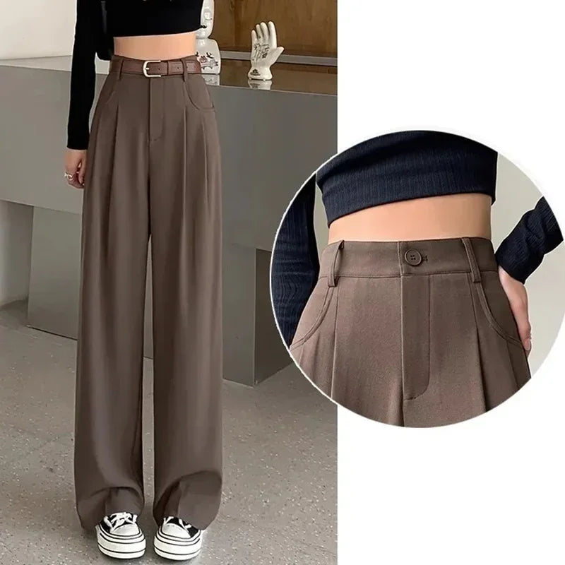 Women Fashion Suit Pants Lady Baggy High Waist Wide Leg Breathable Trousers Lady Straight Leg Slacks Gray Coffee Classic Pants