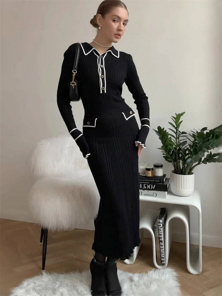 Tossy Ruffled Fashion Knit Dress Women Autumn Ribbed Contrast Long Sleeve High Waist Lapel Gown Dress Knitwear Ladies Maxi Dress