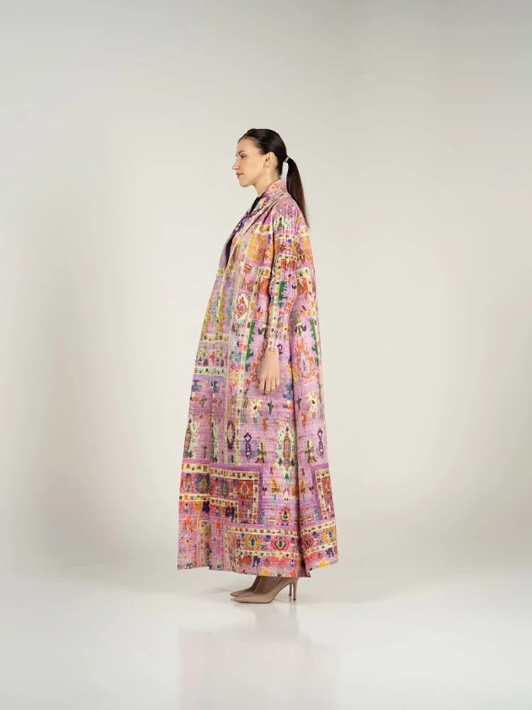 Miyake Pleated Vintage Printed Turn-down Collar Long Sleeve Long Jacket Women Designer Abaya New Dubai Style Plus Size Coats