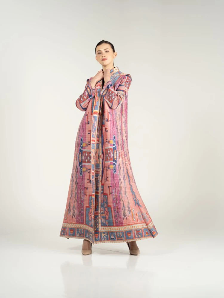 Miyake Pleated Vintage Printed Turn-down Collar Long Sleeve Long Jacket Women Designer Abaya New Dubai Style Plus Size Coats