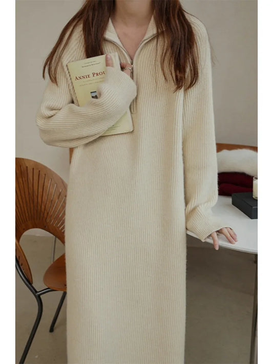 Turn-Down Collar Dress Women Knitted Basics Long Sleeved Daily Loose Female Sweater Casual Comfortable Dress Autumn Winter