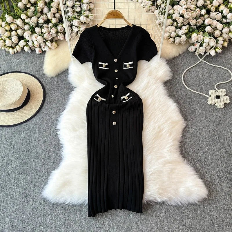 YuooMuoo Women Dress 2024 New Chic Fashion Sexy Package Hips Knitted Summer Dress Office Lady Bodycon Long Dress Party Vestidos