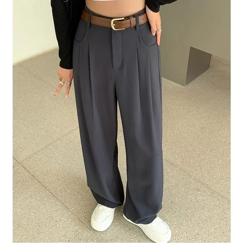 Women Fashion Suit Pants Lady Baggy High Waist Wide Leg Breathable Trousers Lady Straight Leg Slacks Gray Coffee Classic Pants