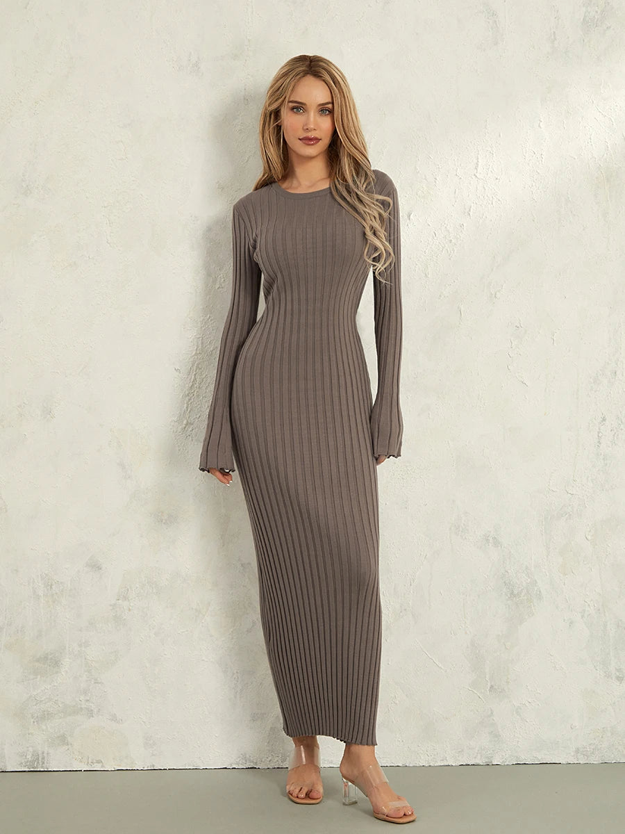 Women Spring Autumn Lace-up Knit Dress Elegant Long Sleeve Crew Neck Ribbed Solid Color Long Dress Streetwear