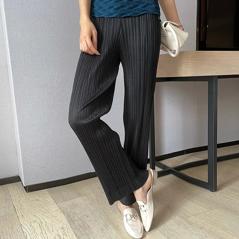 Miyake Pleats Classic Solid Color Simple Drape Straight-leg Pants Women 2023 Summer High Elastic Waist All-matched Pants