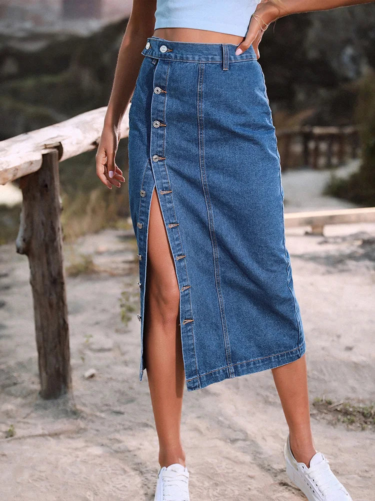 Benuynffy Sexy Streetwear Button Women Skirt Autumn Winter Elegant Denim Skirt Female High Waist Casual Bodycon Long Skirts