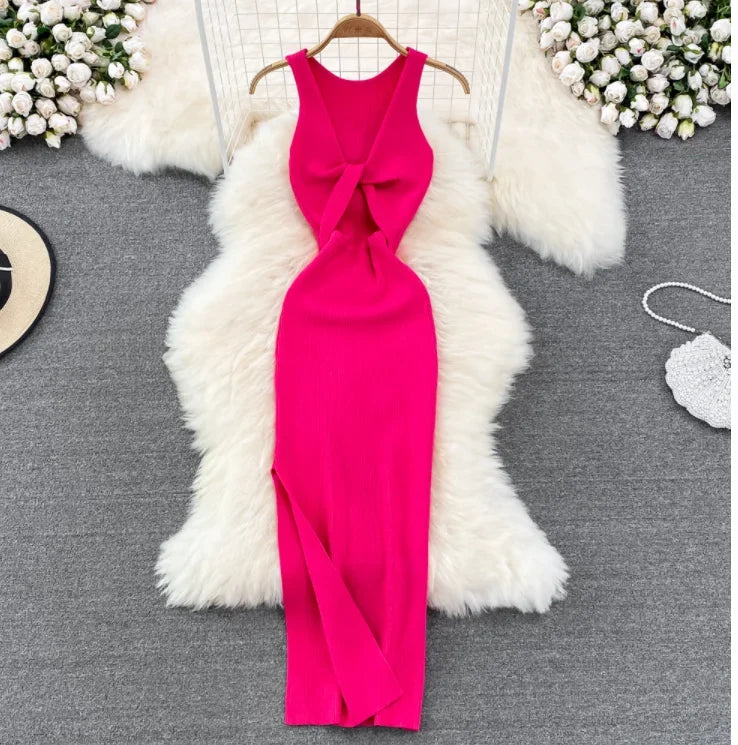 OCEANLOVE Korean Knitted Robe Femme Summer V Neck Sleeveless Kink Hollow Out Sexy Slim Bodycon Dress Split Fork Long Vestidos